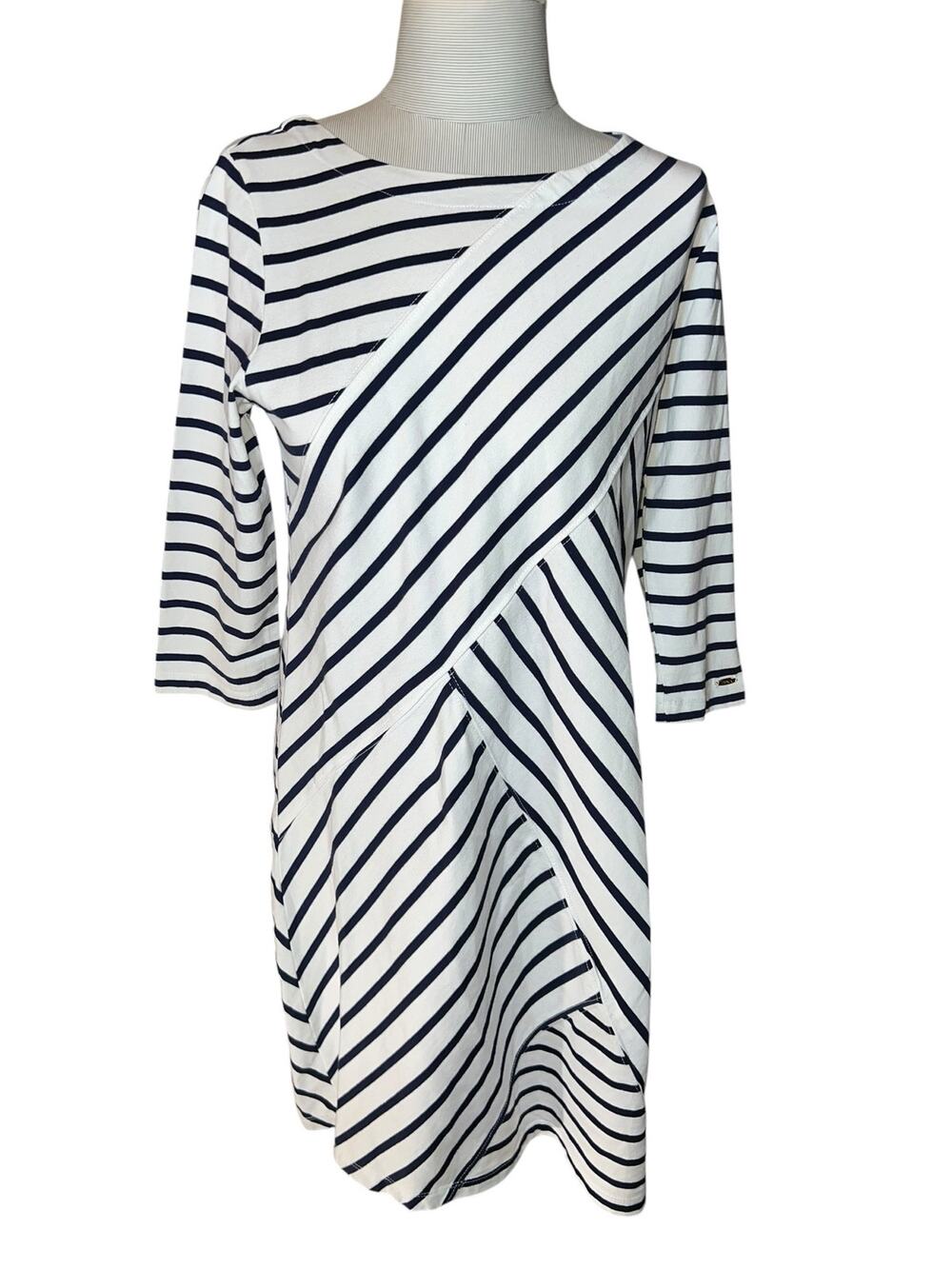 IZOD Women’s Navy White Striped cotton Dress Boat Neck nautical preppy midi Sz M